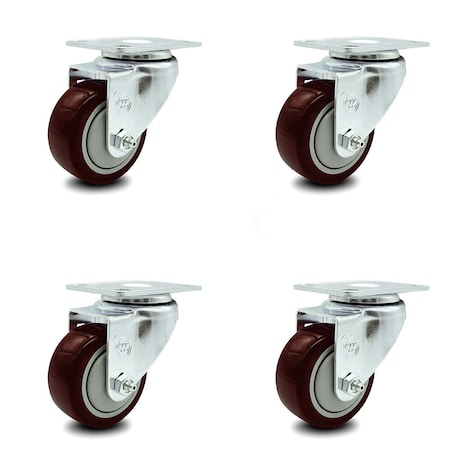 3 Inch Maroon Polyurethane Wheel Swivel Top Plate Caster Set